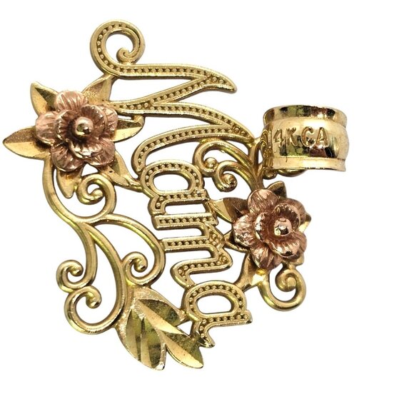 14K Yellow & Rose Gold Mama Pendant Flowers Delicate Filigree Two Tone - Picture 4 of 8